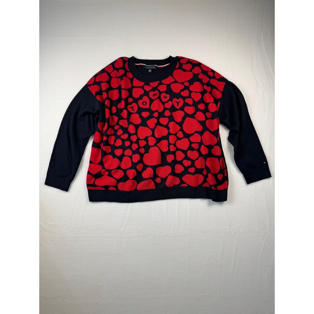 Tommy Hilfiger Womens Navy Blue Red Heart Intarsia Crewneck Sweater Size XL
